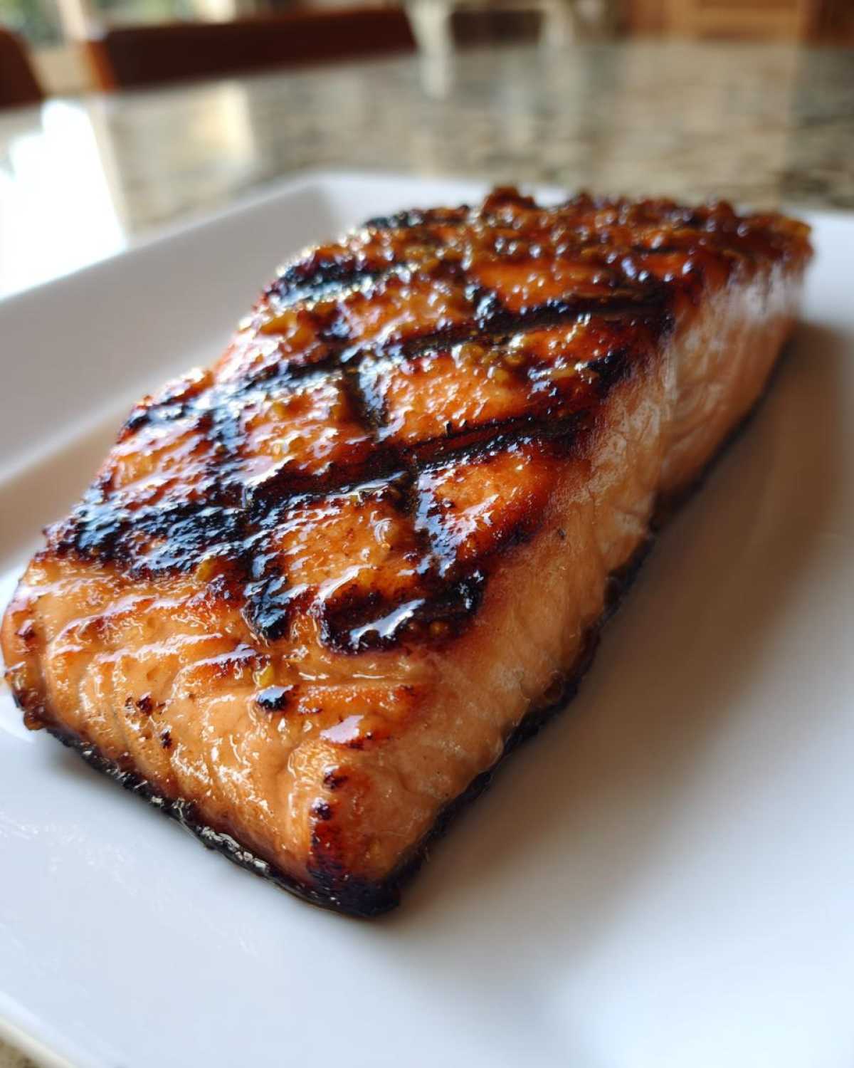 Close-up of a thick, perfectly grilled honey mustard salmon fillet with visible grill marks and a shiny glaze.