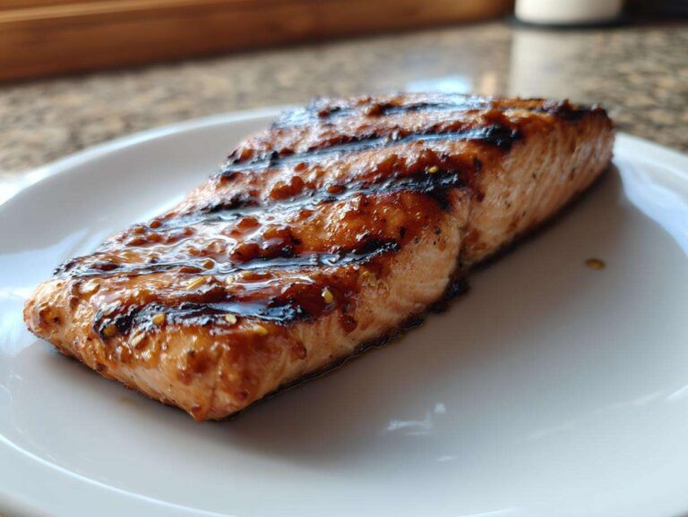 A perfectly cooked fillet of Grilled Honey Mustard Salmon with visible grill marks and a glossy glaze, served on a white plate.