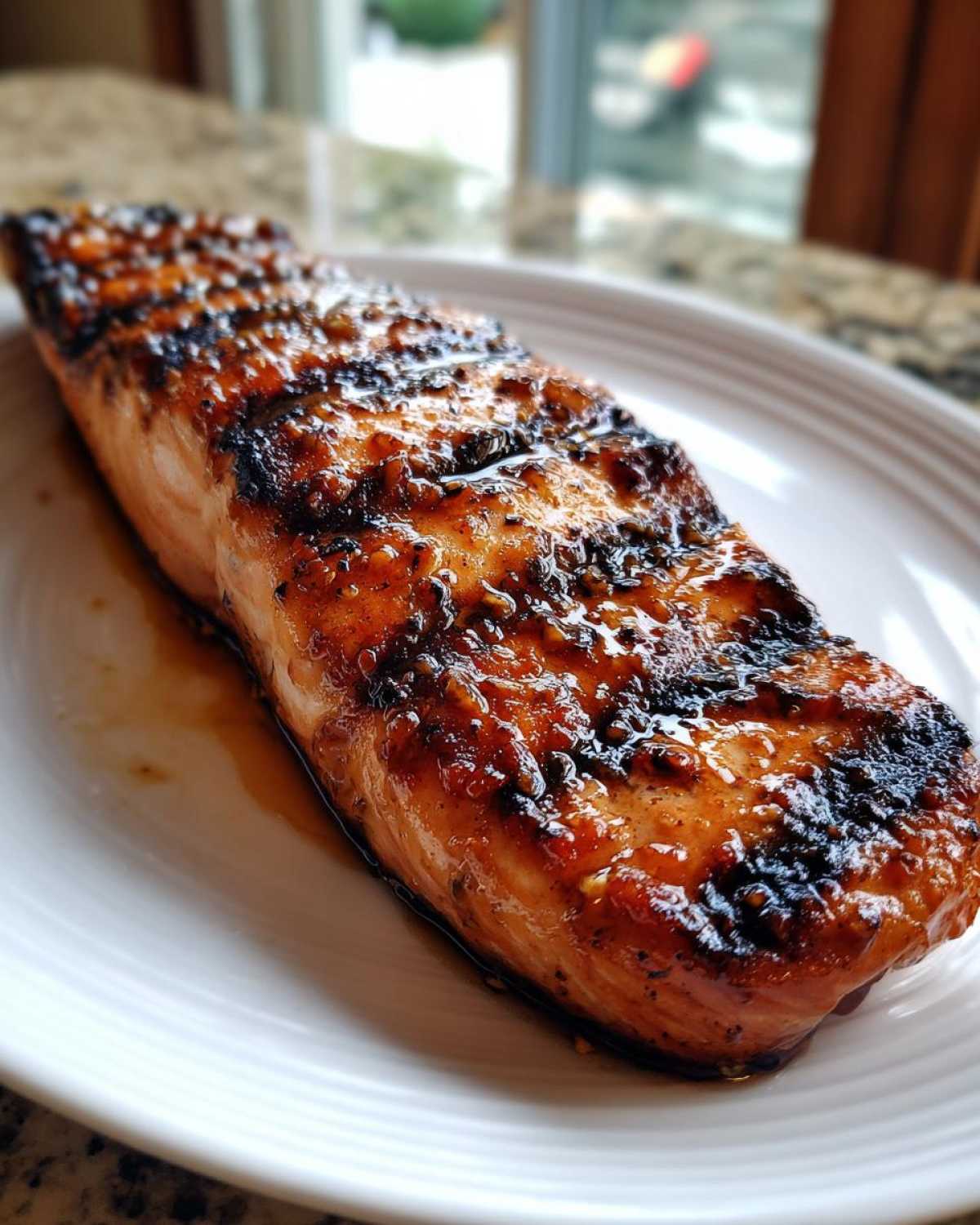 Close-up of a perfectly cooked, glazed Grilled Honey Mustard Salmon fillet resting on a white plate.