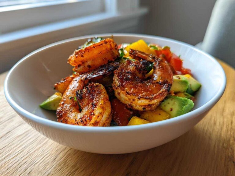 Close-up of perfectly seasoned Grilled Shrimp and Avocado Bowls featuring chunks of avocado and mango salsa.
