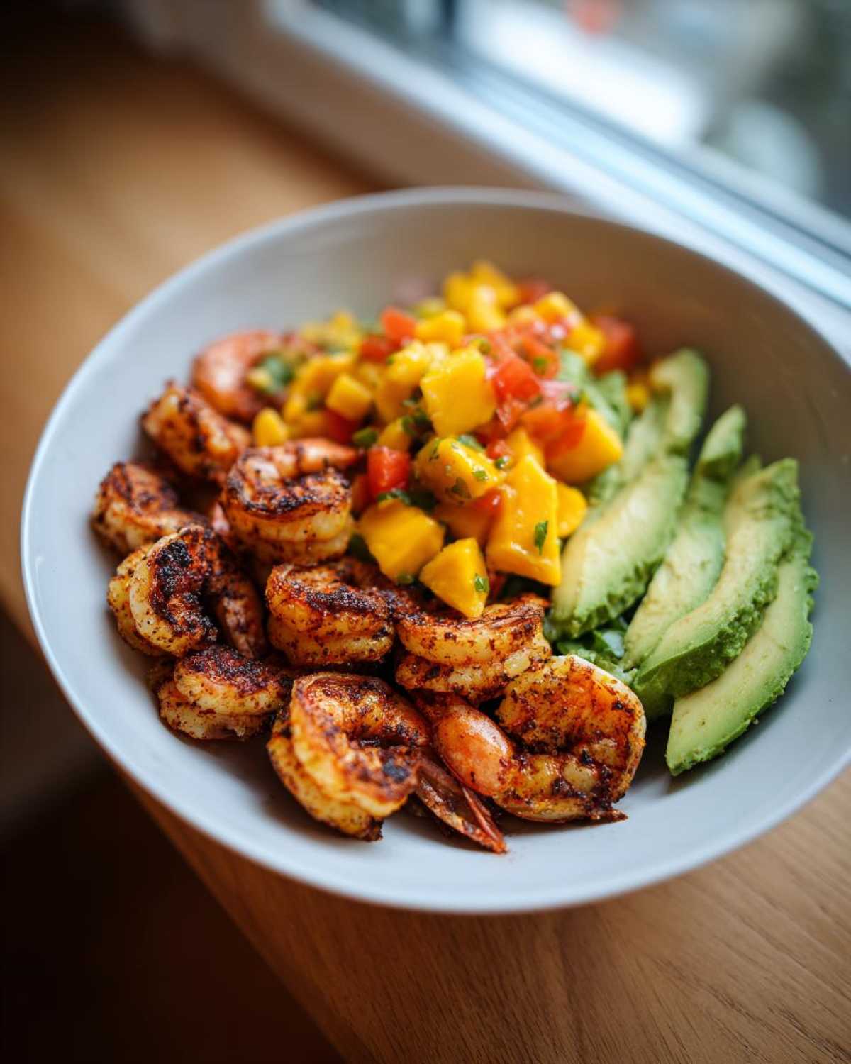 A close-up of a bowl featuring seasoned grilled shrimp, sliced avocado, and bright mango salsa.