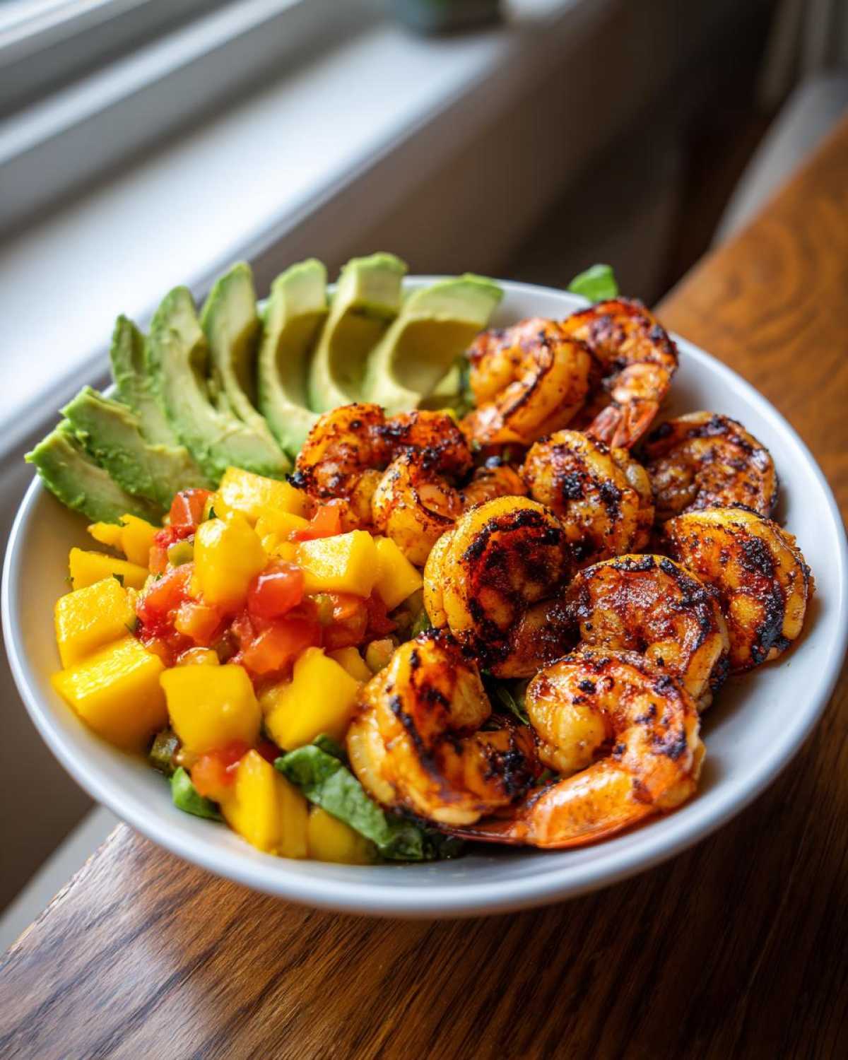 A vibrant bowl featuring grilled shrimp and avocado slices next to mango salsa, part of a Grilled Shrimp and Avocado Bowls recipe.