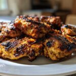 Close-up of beautifully charred and glazed Grilled Vietnamese Chicken pieces piled high on a white plate.