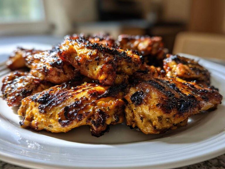 Close-up of beautifully charred and glazed Grilled Vietnamese Chicken pieces piled high on a white plate.