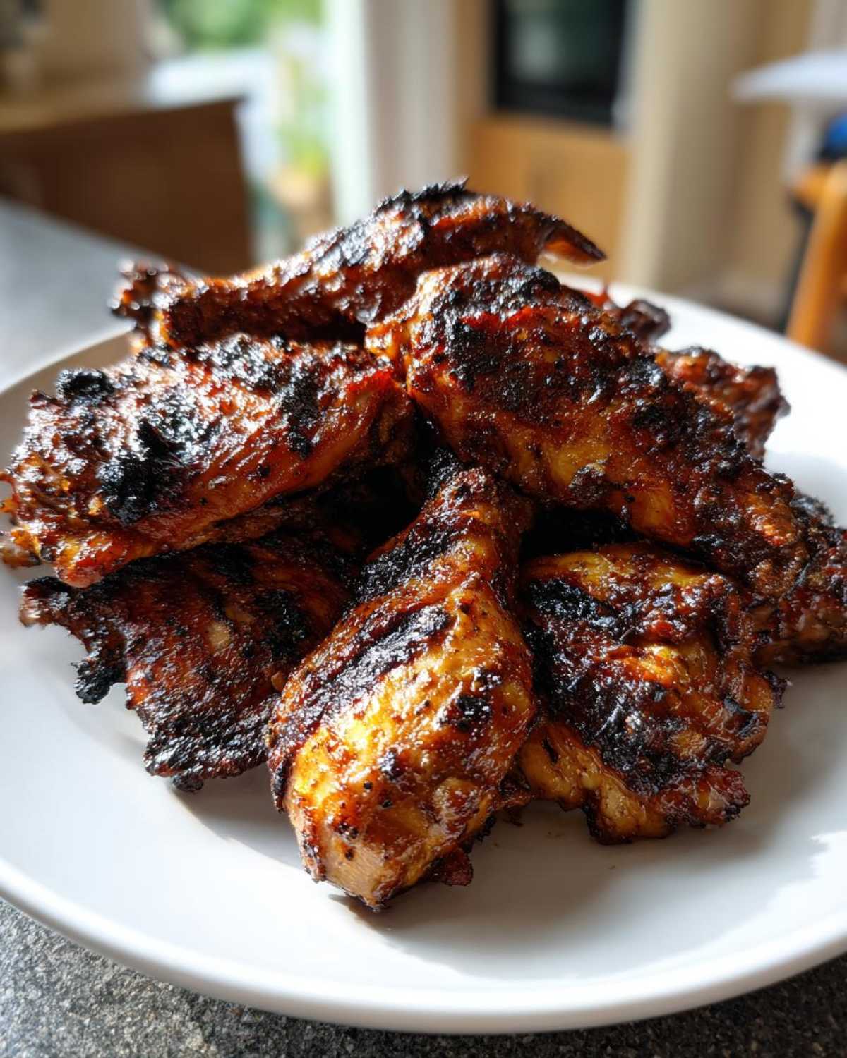 A close-up of a pile of beautifully caramelized and charred Grilled Vietnamese Chicken pieces on a white plate.