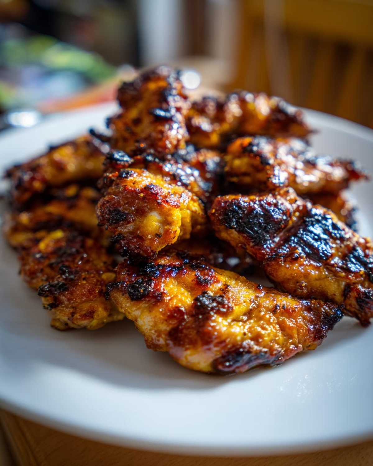 A close-up of a pile of perfectly cooked Grilled Vietnamese Chicken wings with caramelized, slightly charred skin.