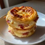 Two golden brown Ham and Cheese Puff Pastry Stacks piled on a white plate, showing flaky layers and melted cheese.