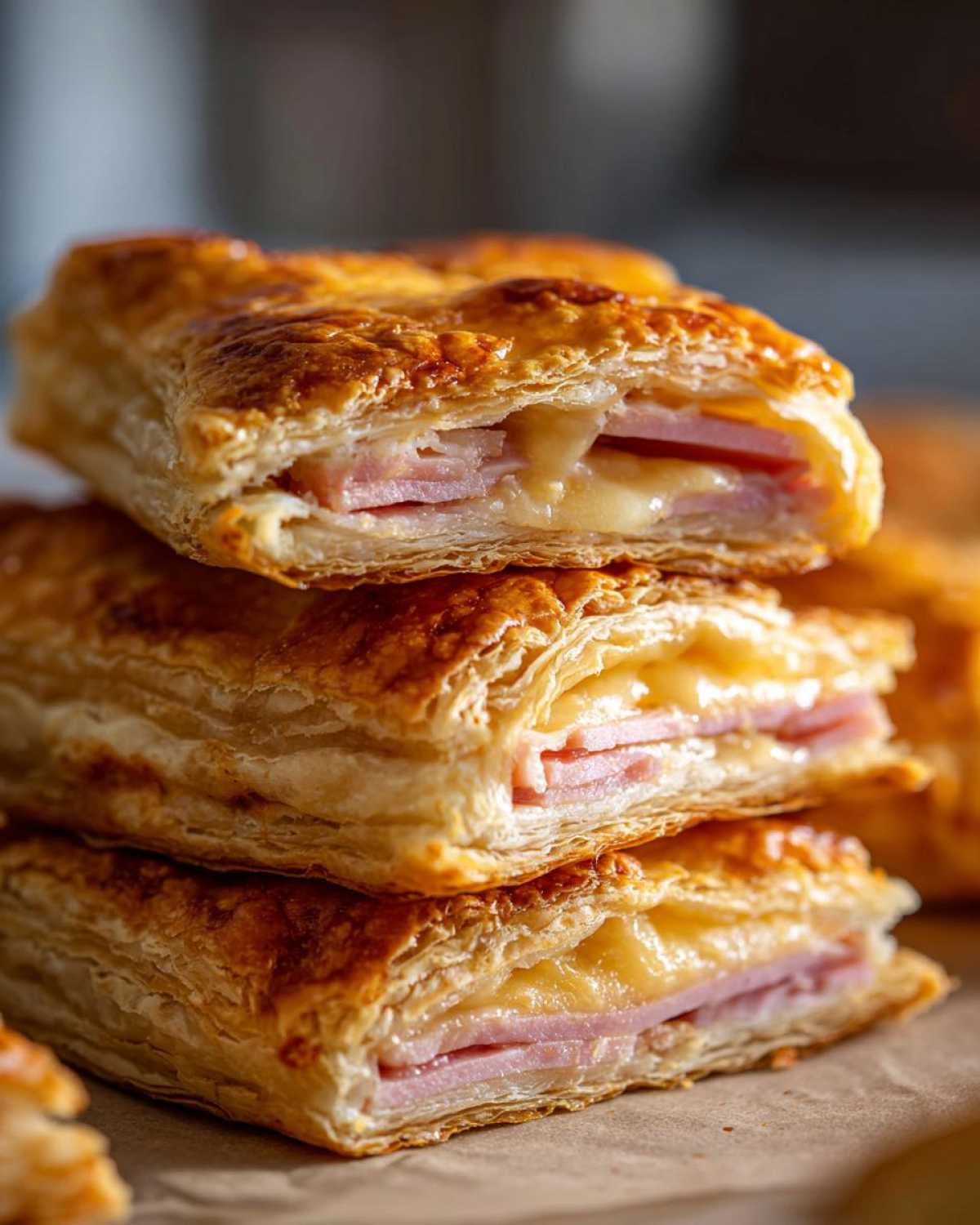Close-up of three stacked, golden-brown Ham and Cheese Puff Pastry Stacks showing melted cheese and ham filling.