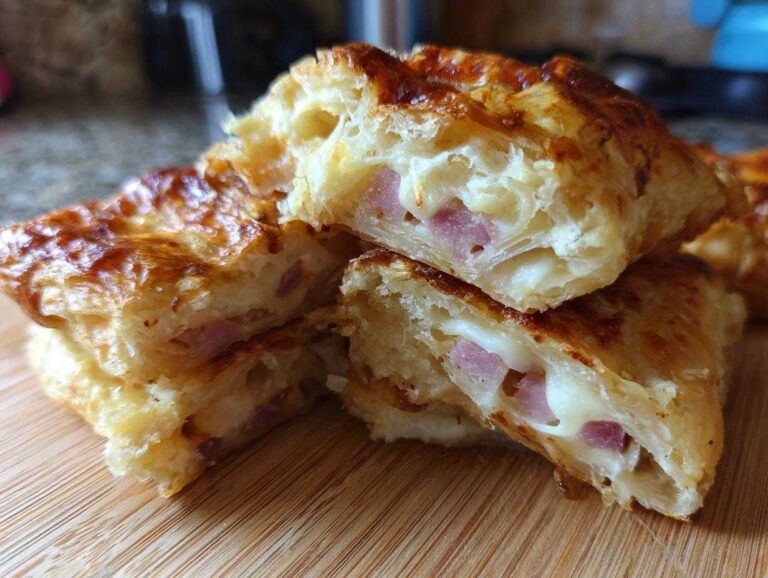 Close-up of flaky Ham and Cheese Puff Pastry Stacks cut in half, showing melted cheese and ham filling.