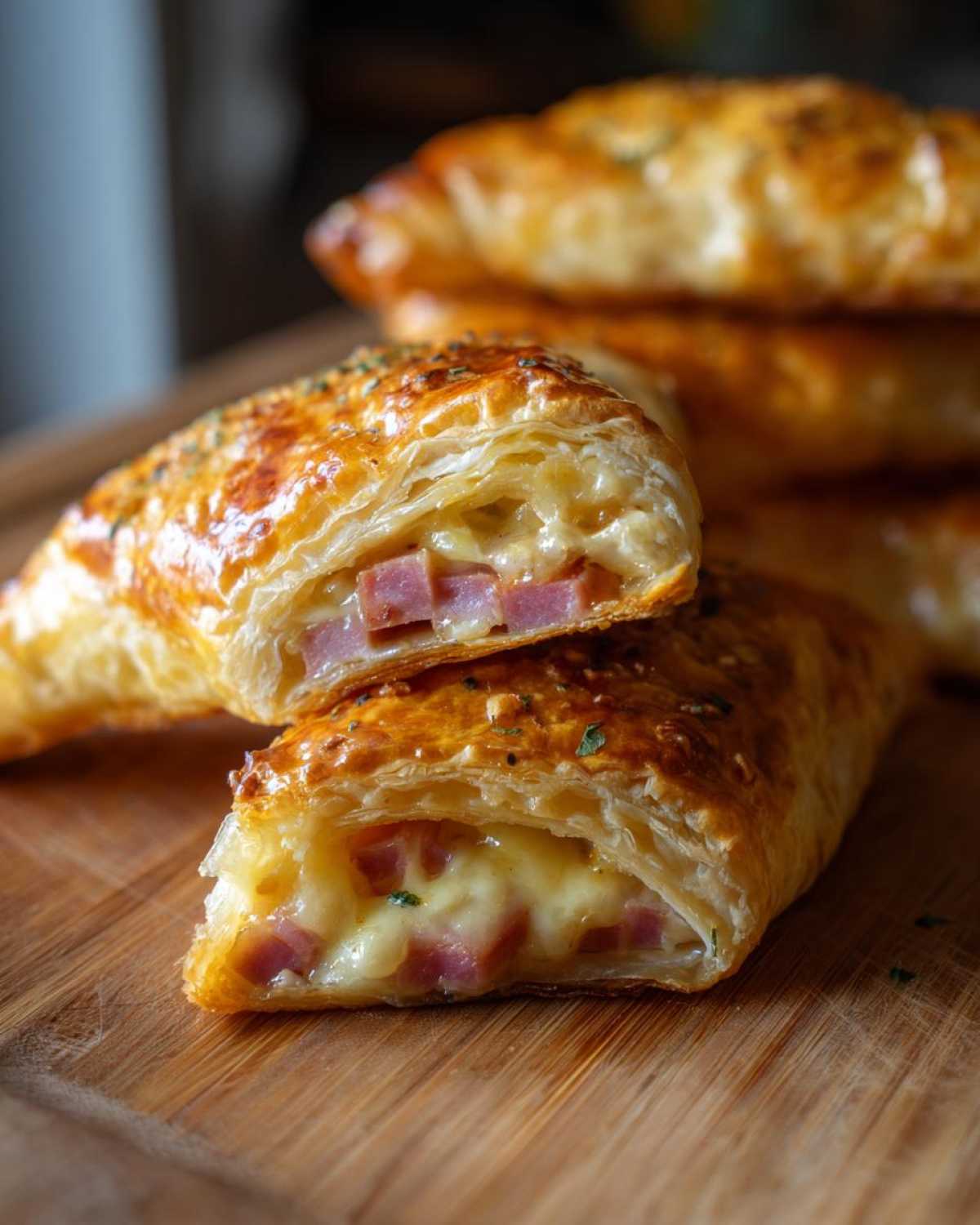 Close-up of Ham and Cheese Puff Pastry Stacks cut in half, showing melted cheese and diced ham filling.