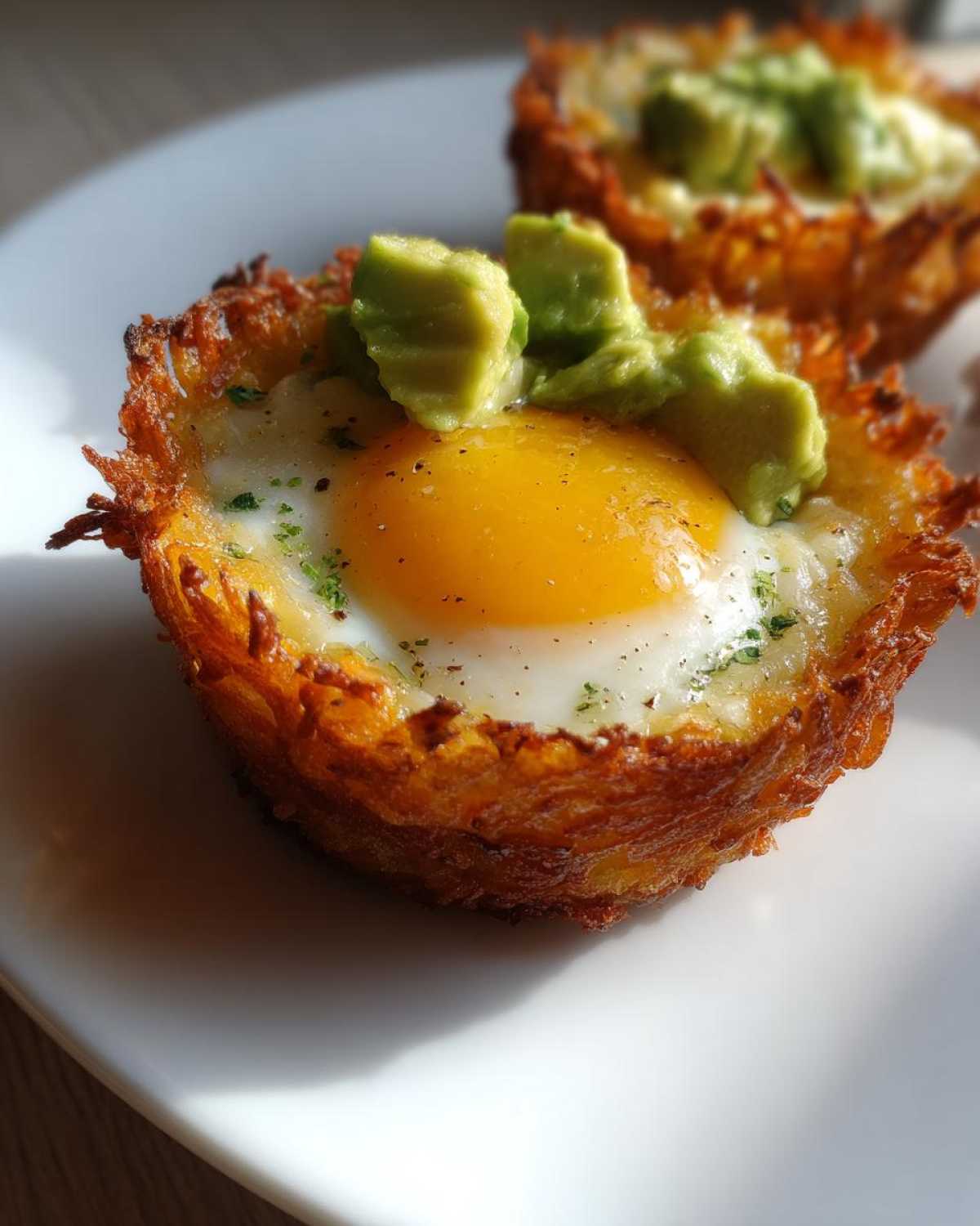 Close-up of a crispy Hash Brown Avocado Egg Cup with a sunny-side-up egg and diced avocado on top.