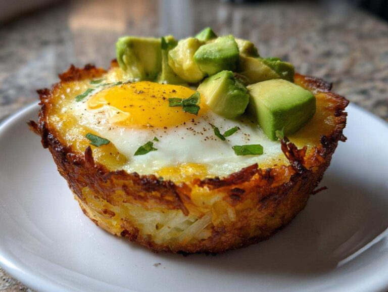 Amazing 12-Minute Hash Brown Avocado Egg Cups Close-up of a single, crispy Hash Brown Avocado Egg Cup with a baked egg and diced avocado topping.
