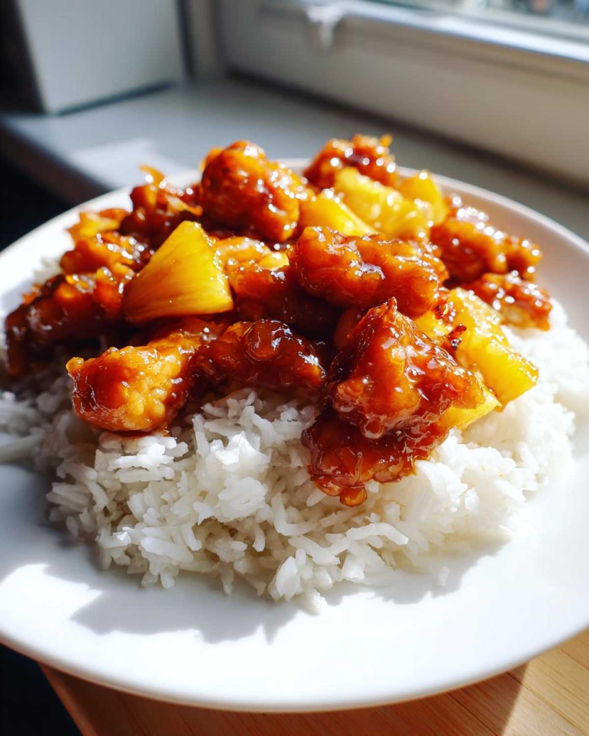 Close-up of glazed Hawaiian Chicken with pineapple chunks served over fluffy white coconut rice.