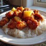 Close-up of sweet and sticky Hawaiian Chicken topped with pineapple chunks served over fluffy white coconut rice.