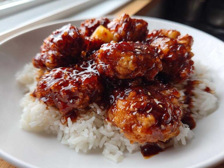 Amazing Hawaiian Chicken with Coconut Rice Close-up of crispy Hawaiian Chicken pieces coated in a dark, glossy sauce served over fluffy white coconut rice.