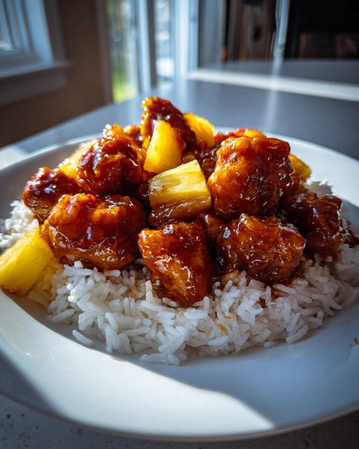 Close-up of glazed Hawaiian Chicken pieces and pineapple chunks served over fluffy Coconut Rice.
