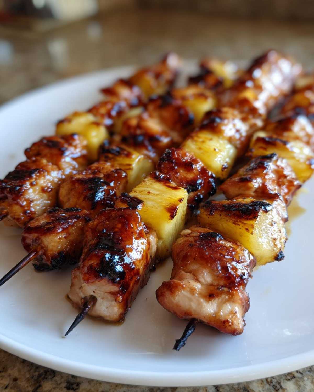 Close-up of grilled Hawaiian Teriyaki Chicken Kabobs Pineapple skewers with a shiny, caramelized glaze on a white plate.