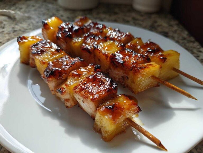 Two skewers of grilled Hawaiian Teriyaki Chicken Kabobs Pineapple, showing caramelized, glistening pineapple chunks.