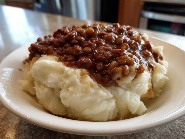 A close-up of Hearty Lentil Stew with Creamy Mashed Potatoes served in a white bowl.