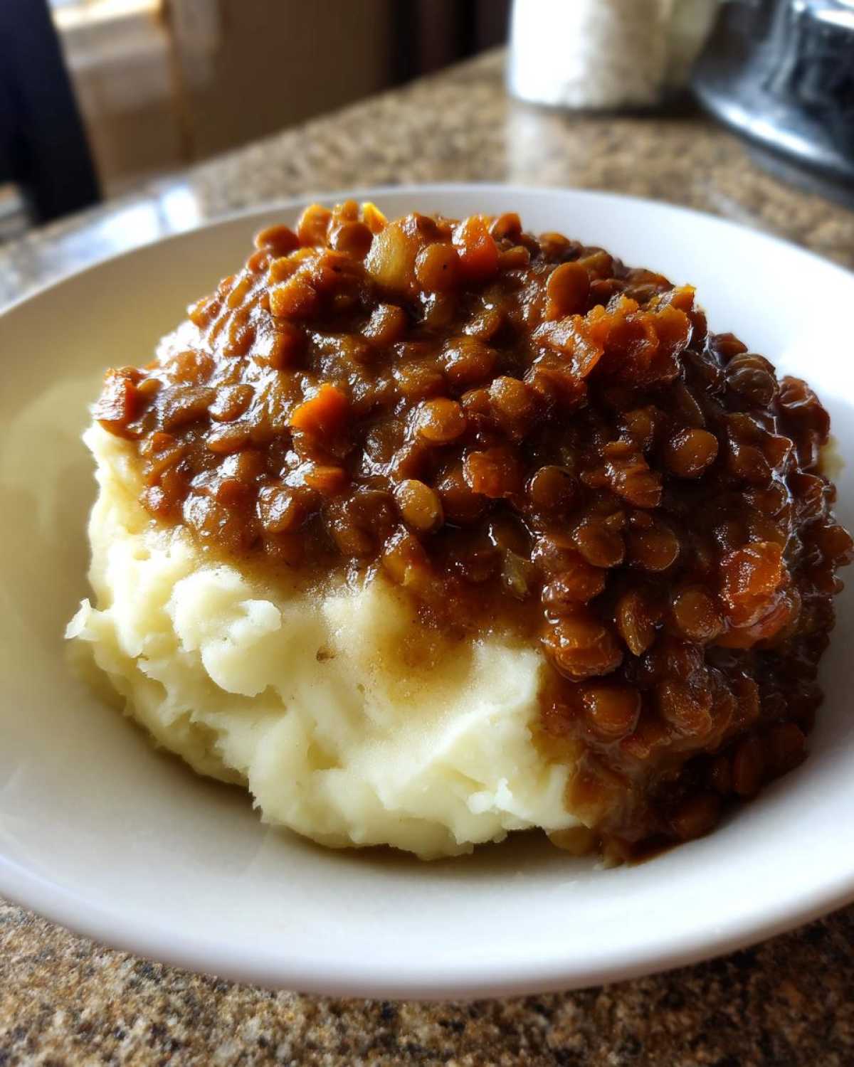 A close-up of Hearty Lentil Stew with Creamy Mashed Potatoes served in a white bowl.