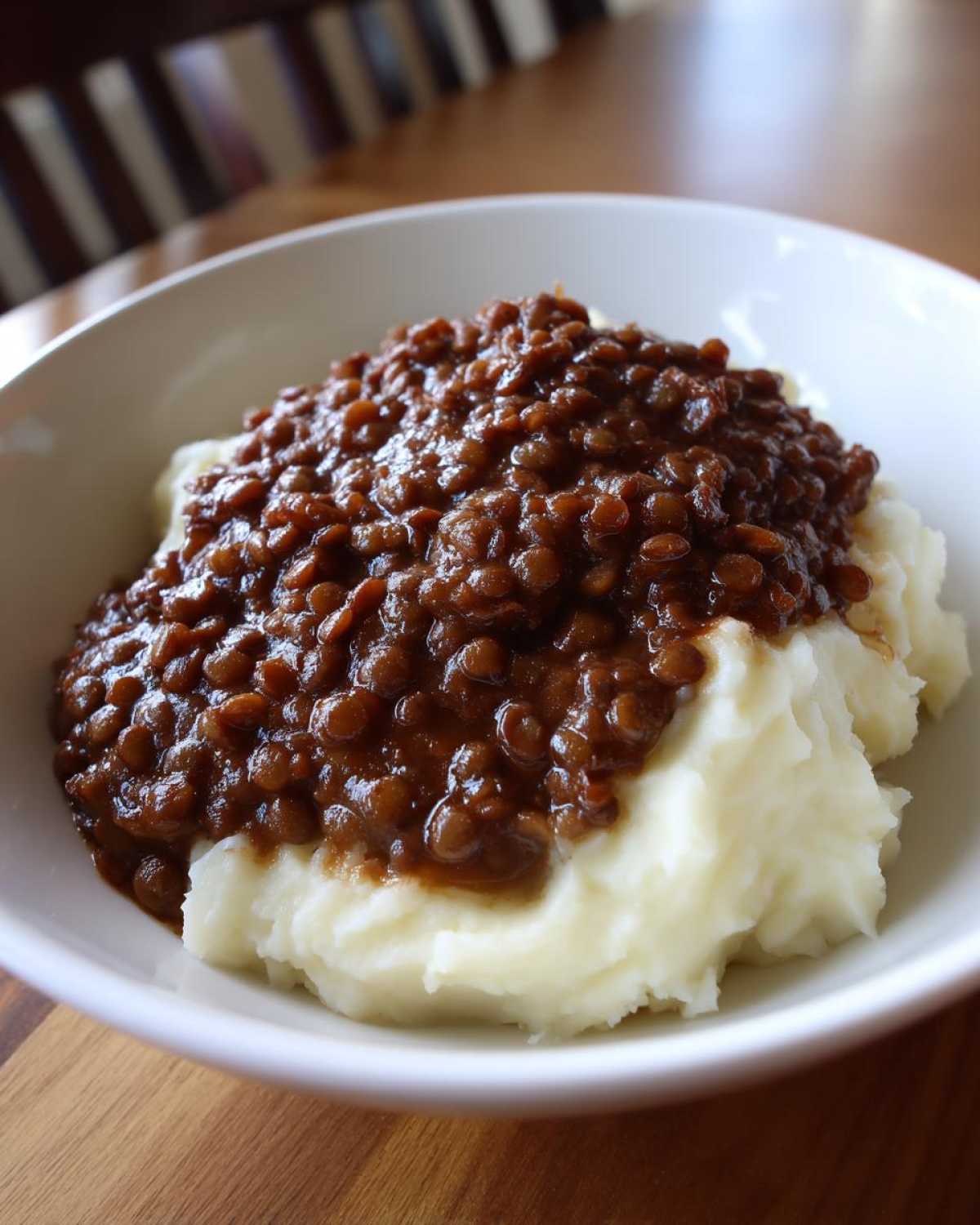 A close-up of Hearty Lentil Stew with Creamy Mashed Potatoes served in a white bowl.