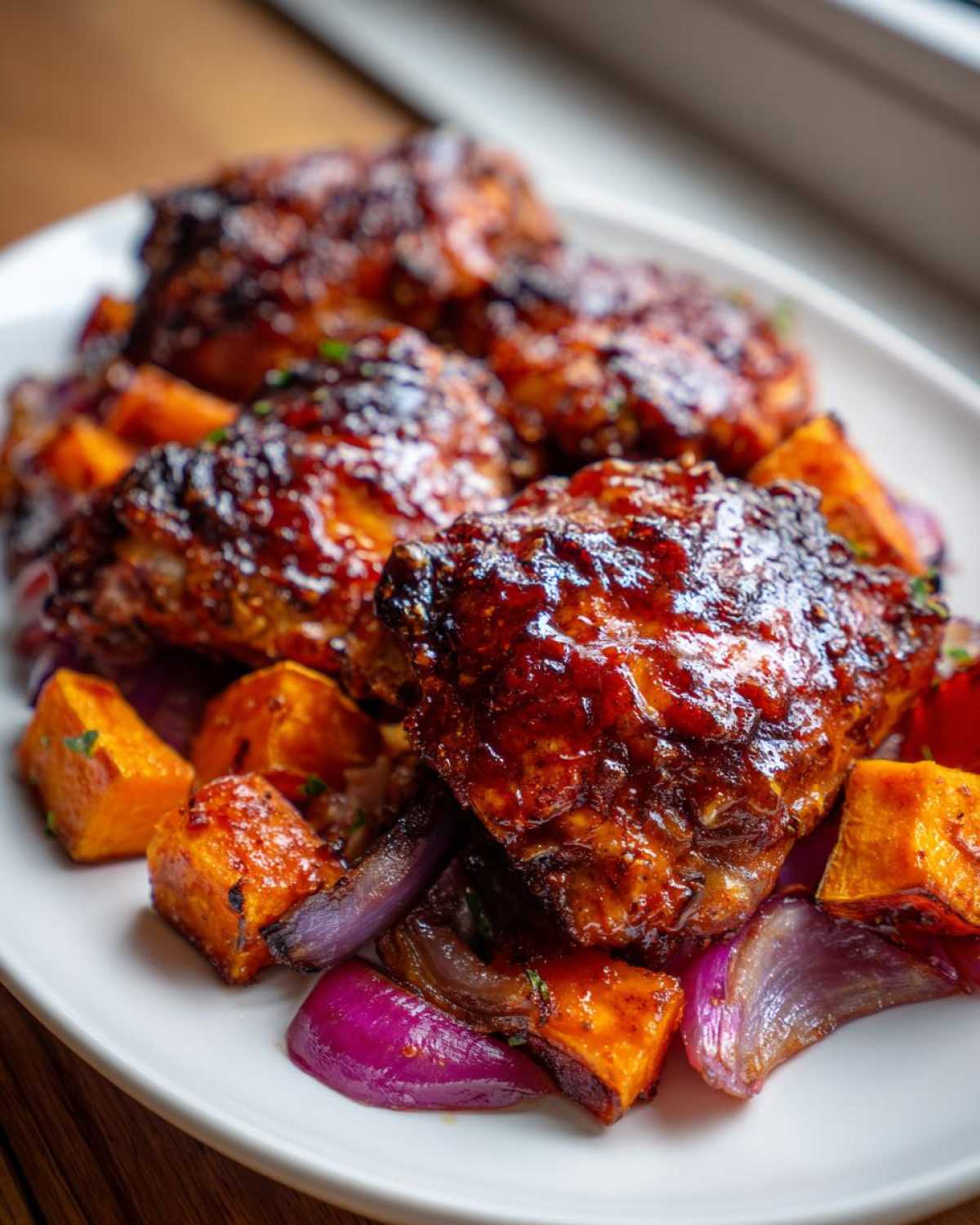 Close-up of glazed Honey Harissa Chicken thighs served over roasted sweet potatoes and red onions on a white plate.