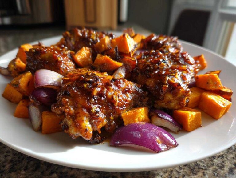 Close-up of glazed Honey Harissa Chicken pieces served with roasted sweet potatoes and red onion wedges on a white plate.