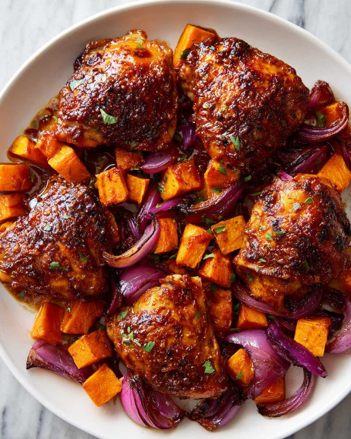 Four pieces of glazed Honey Harissa Chicken served over roasted sweet potatoes and red onions.