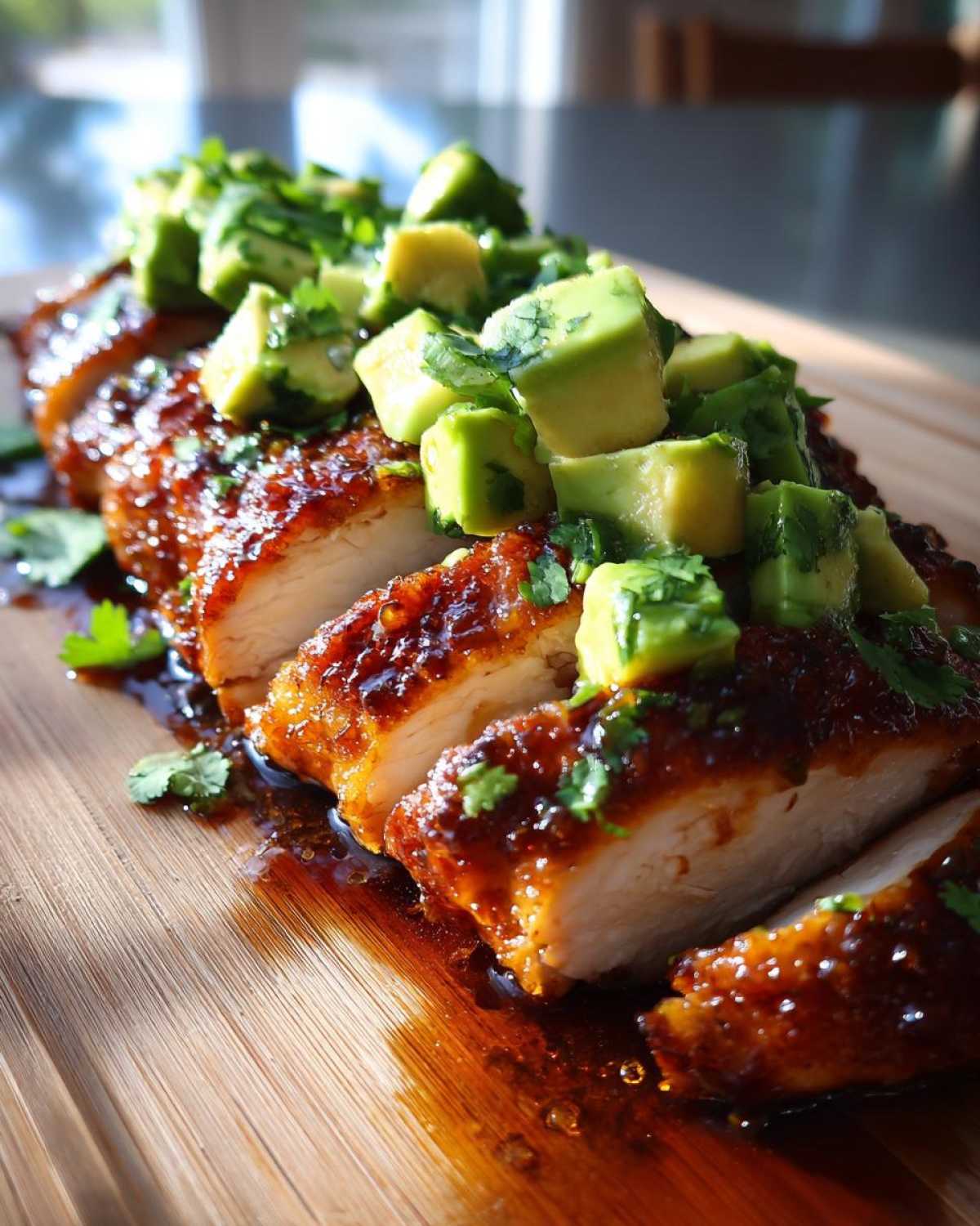 Close-up of sliced Honey Lime Chicken Avocado Meal, glazed and topped with diced avocado and cilantro.