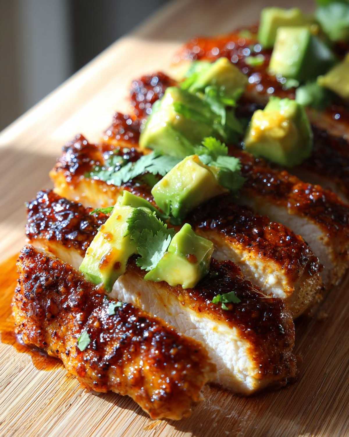 Close-up of sliced, glazed chicken breast topped with diced avocado and cilantro, part of the Honey Lime Chicken Avocado Meal.