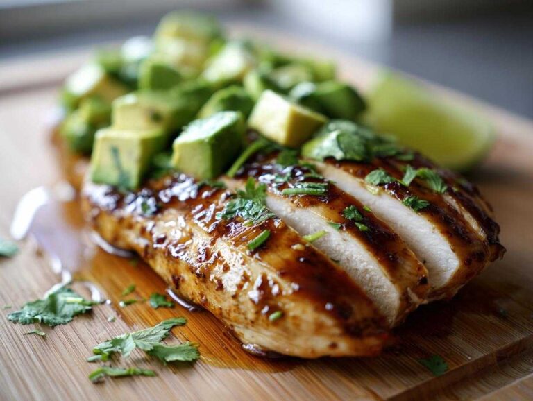 Close-up of sliced Honey Lime Chicken Avocado Meal, glazed and topped with diced avocado and cilantro.