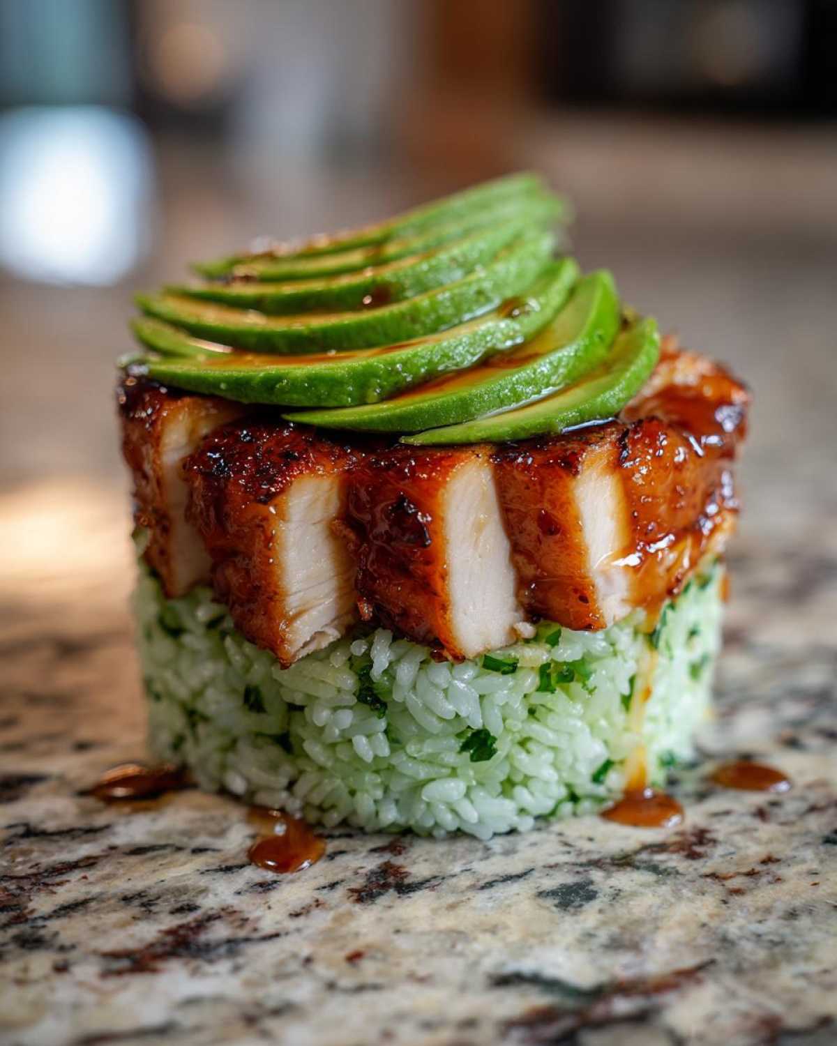 A perfectly stacked portion of Honey Lime Chicken and Avocado Rice Stack, topped with sliced avocado and glaze.
