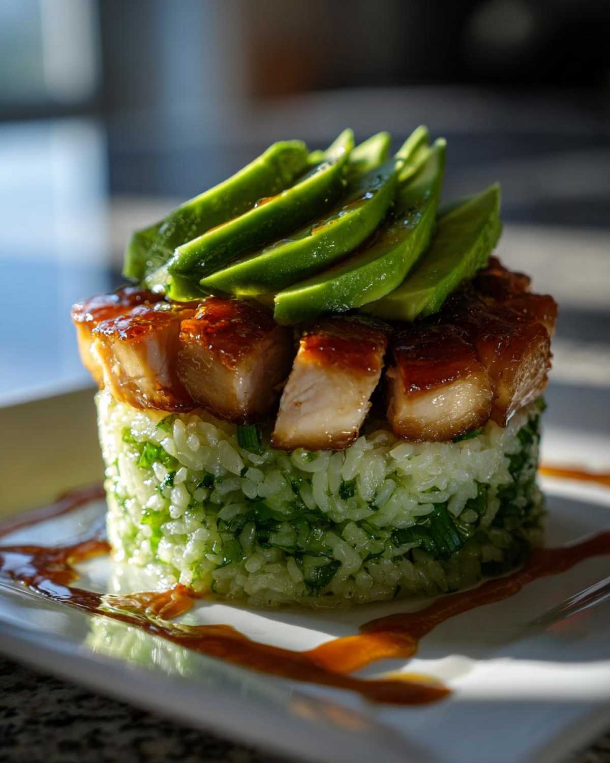 A tall stack featuring green rice, glazed Honey Lime Chicken, and sliced avocado on top.