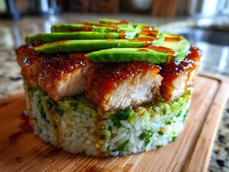 A perfectly formed Honey Lime Chicken and Avocado Rice Stack featuring glazed chicken pieces and sliced avocado on top.