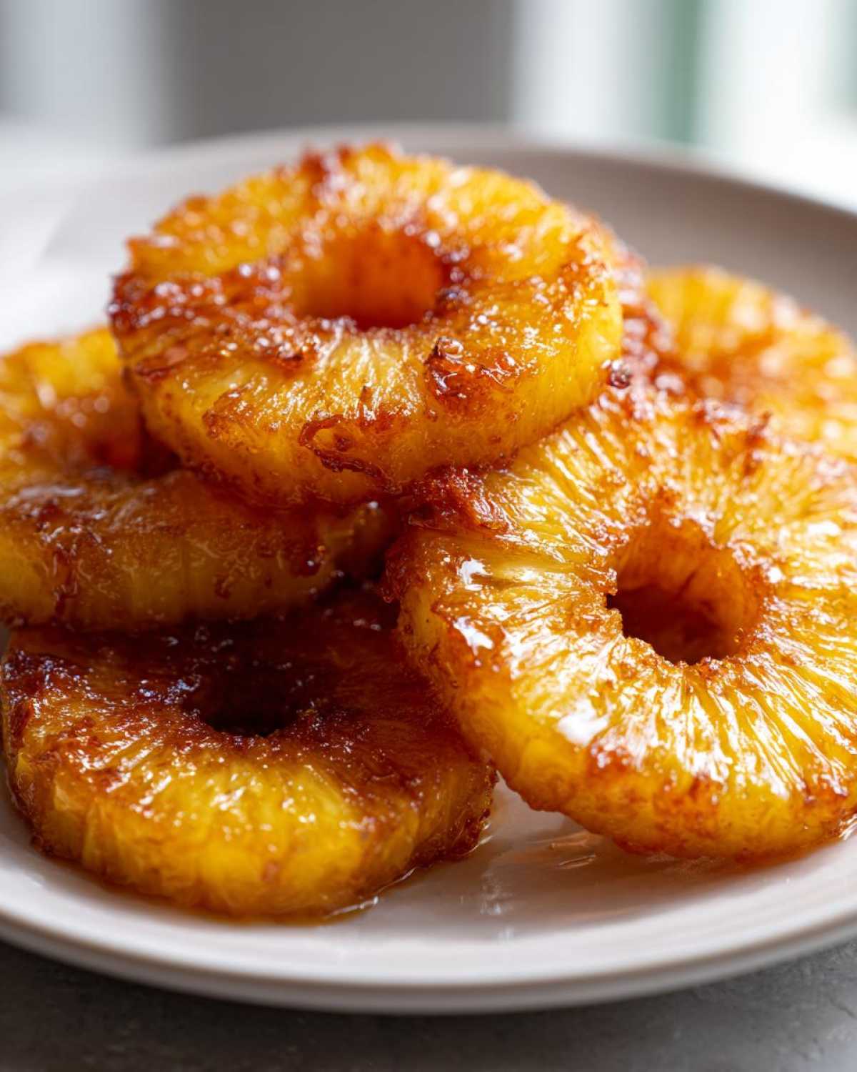 Close-up of several glistening, caramelized rings of Honey Lime Roasted Pineapple stacked on a white plate.