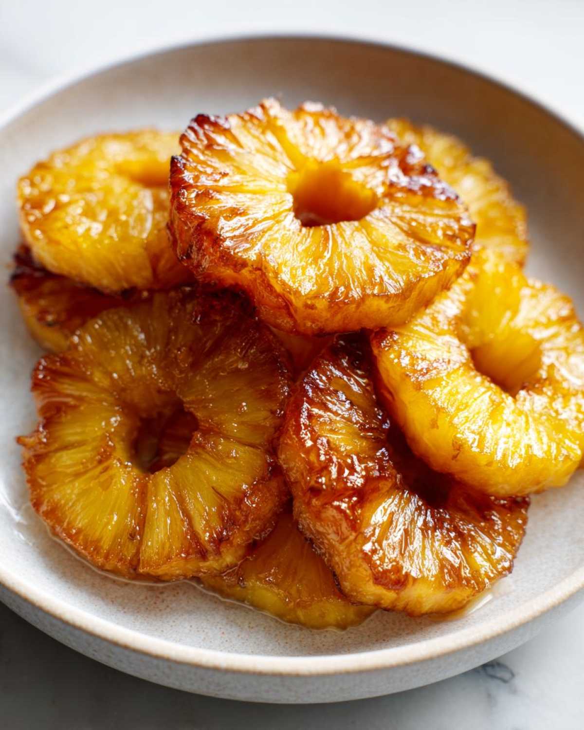 Close-up of caramelized Honey Lime Roasted Pineapple rings stacked in a light bowl, showing glossy, browned edges.