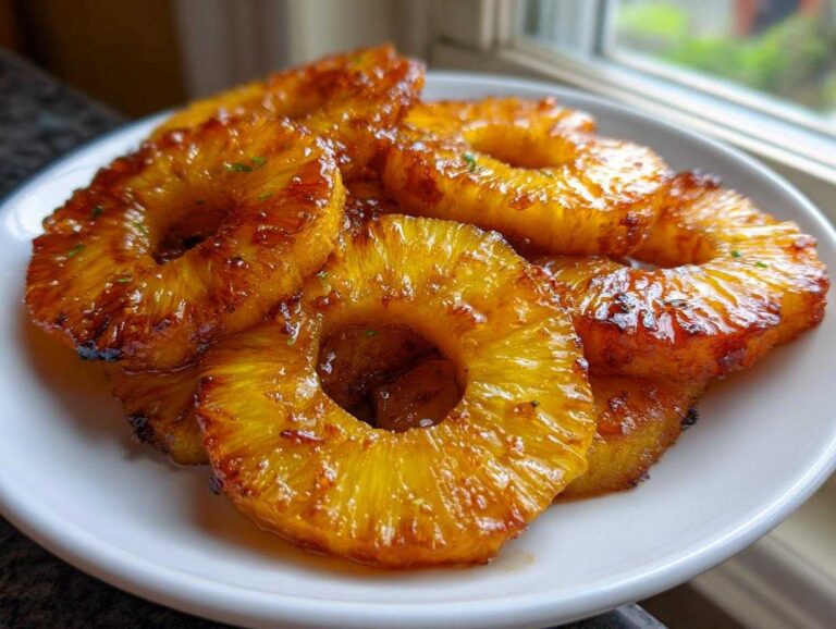 Amazing Honey Lime Roasted Pineapple in 30 Min A close-up of several glistening, caramelized rings of Honey Lime Roasted Pineapple served on a white plate.