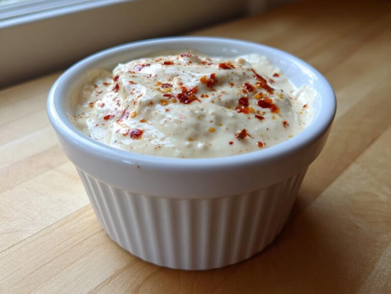 Close-up of creamy Hot Honey Ranch Sauce in a white ramekin, topped with visible red chili flakes.