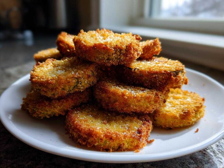 A stack of golden brown, Impossibly Crispy Baked Eggplant slices seasoned with salt on a white plate.