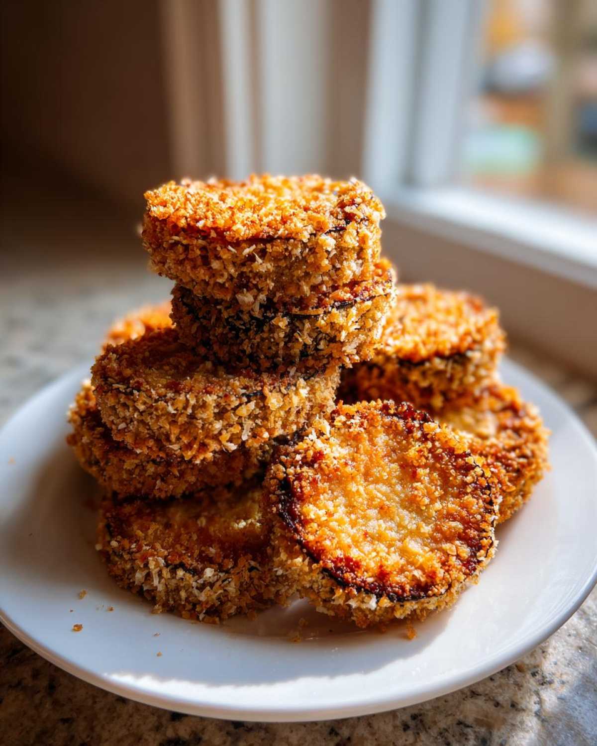 A stack of golden brown, breaded, Impossibly Crispy Baked Eggplant rounds piled on a white plate.