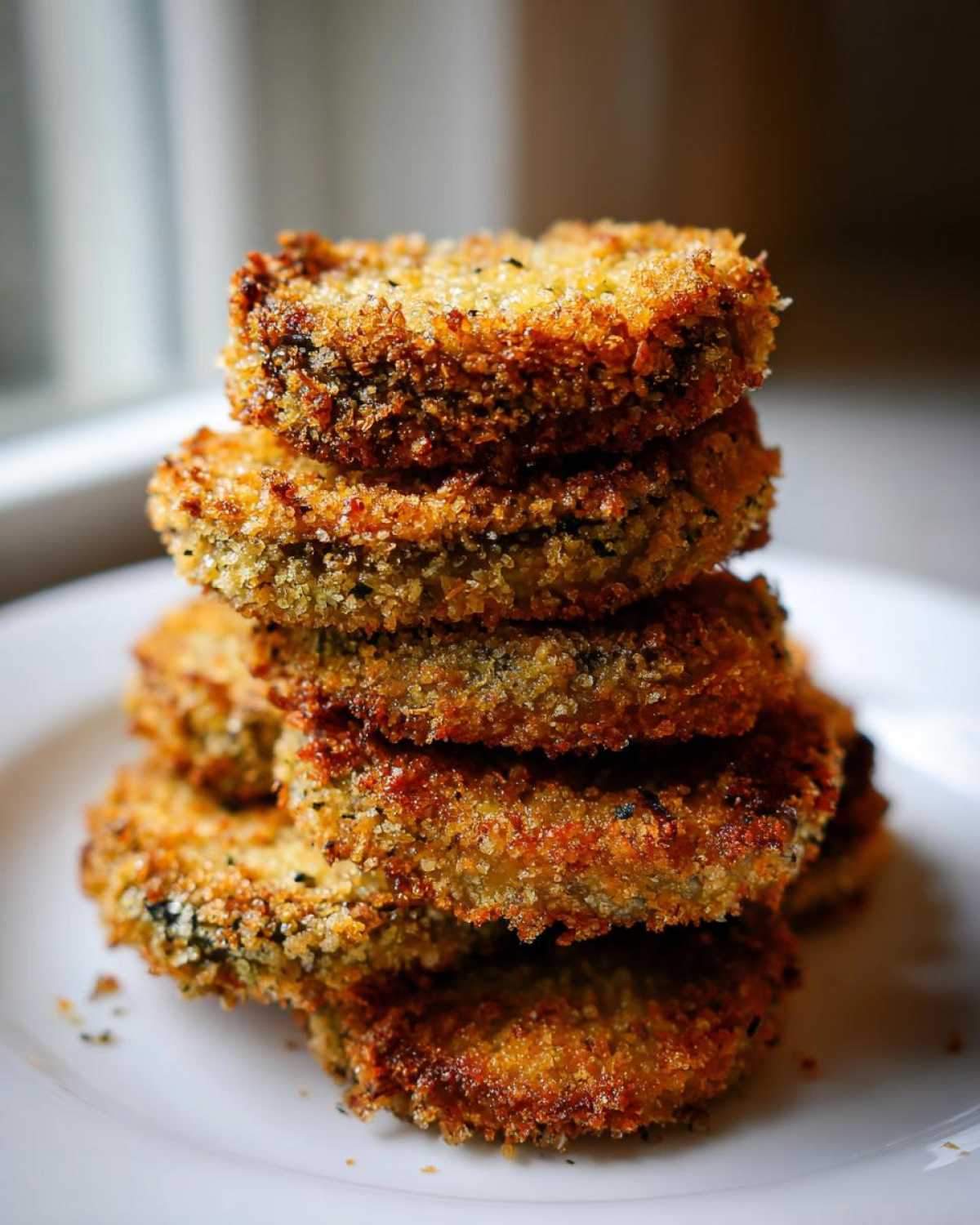 A tall stack of golden-brown, breaded, and baked eggplant slices demonstrating Impossibly Crispy Baked Eggplant.