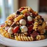 A towering serving of Italian Pasta Salad featuring rotini pasta, mozzarella balls, cherry tomatoes, and salami on a white plate.