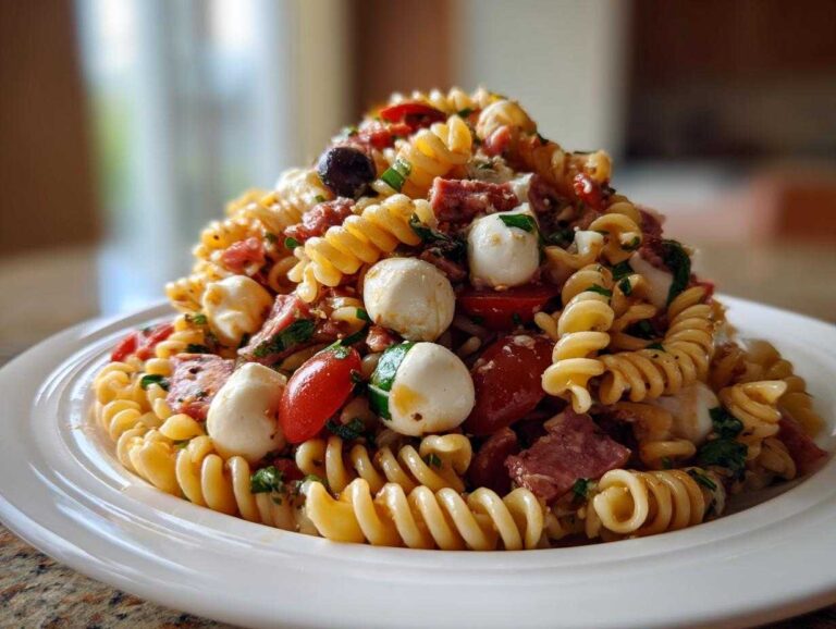 A towering serving of Italian Pasta Salad featuring rotini pasta, mozzarella balls, cherry tomatoes, and salami on a white plate.