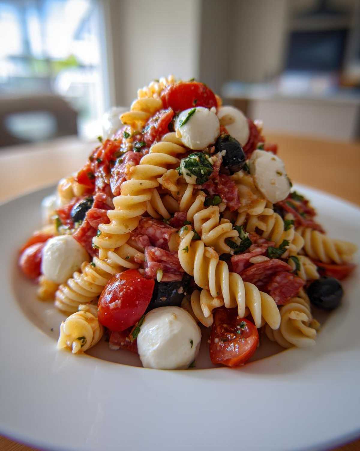 A tall mound of Italian Pasta Salad featuring rotini pasta, cherry tomatoes, black olives, mozzarella balls, and salami on a white plate.