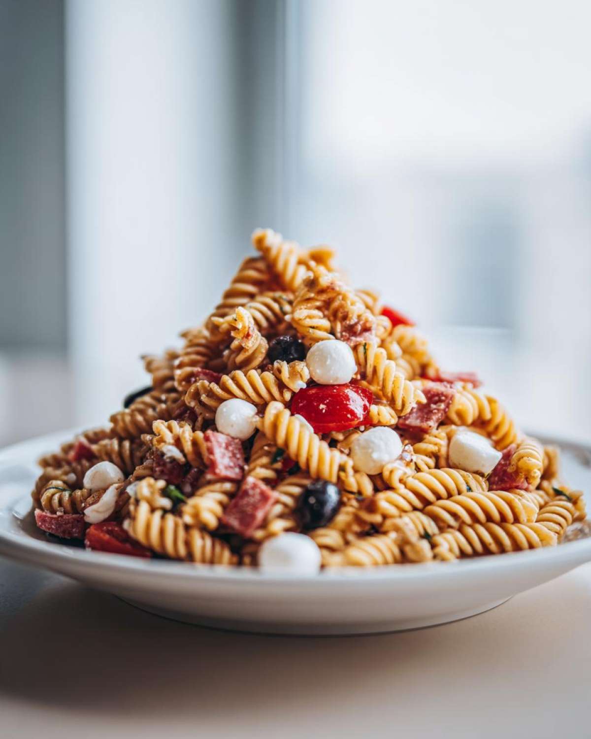 A tall mound of Italian Pasta Salad featuring rotini pasta, mozzarella balls, cherry tomatoes, olives, and salami pieces.