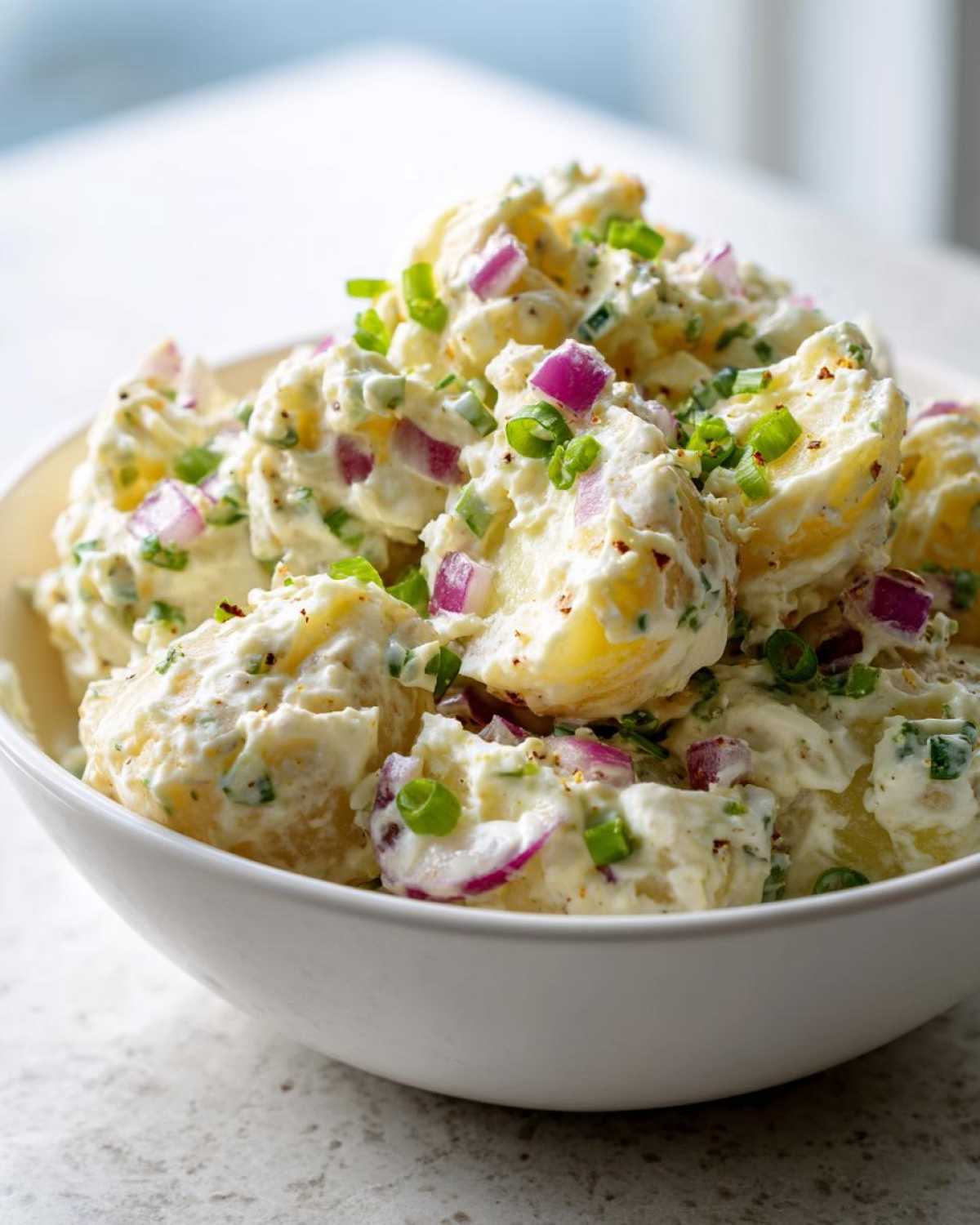 A close-up of creamy Jamaican Jerk Potato Salad mixed with red onion and green onions in a white bowl.