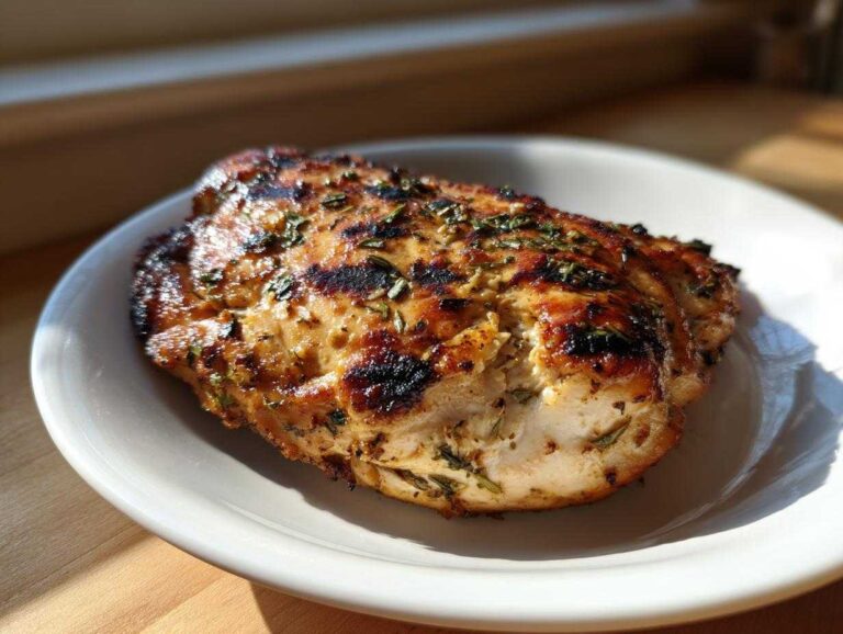 A perfectly cooked piece of Grilled Cuban Chicken breast with visible grill marks and herbs on a white plate.