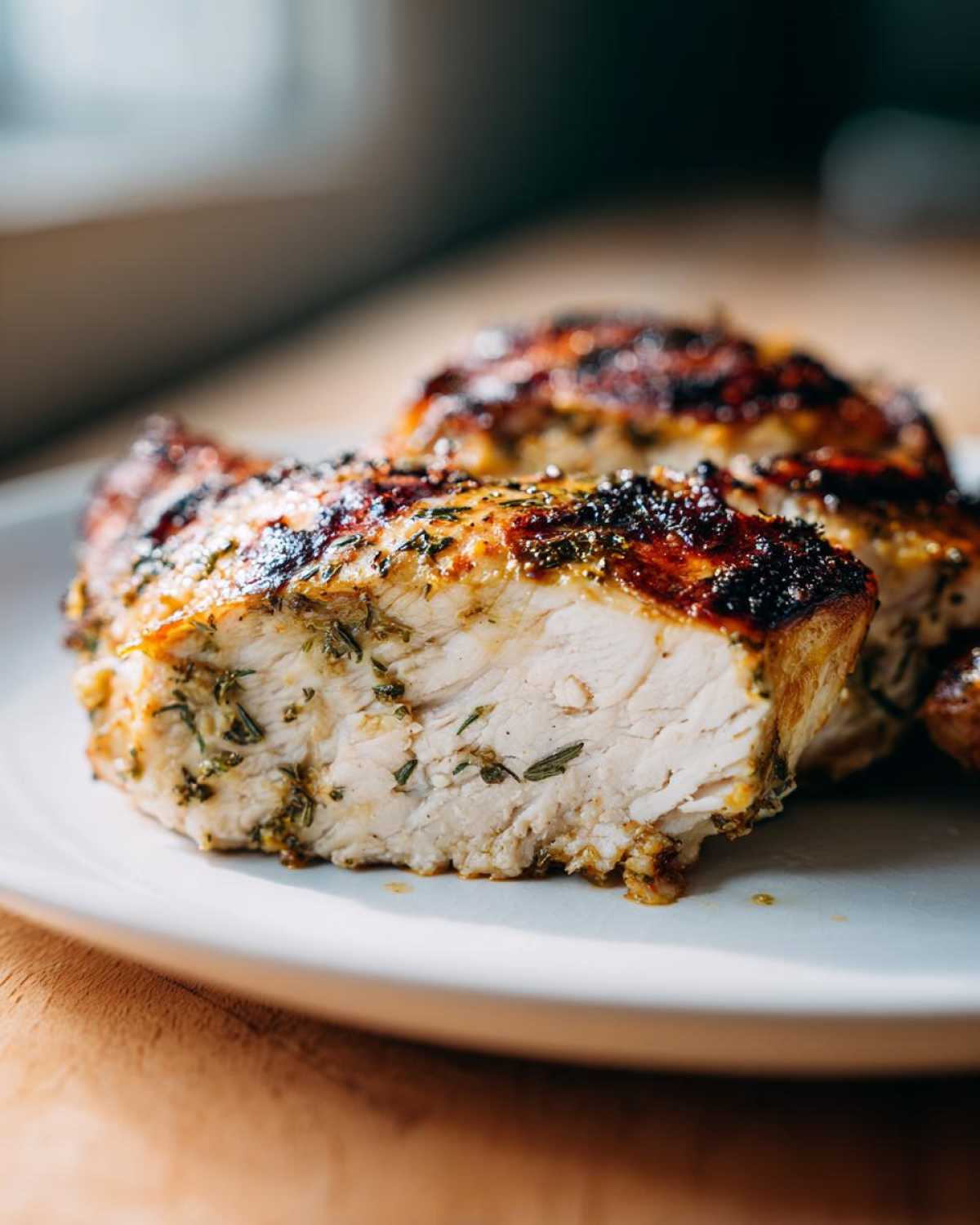 Close-up of a perfectly cooked, juicy piece of Grilled Cuban Chicken cut in half, showing herbs inside.