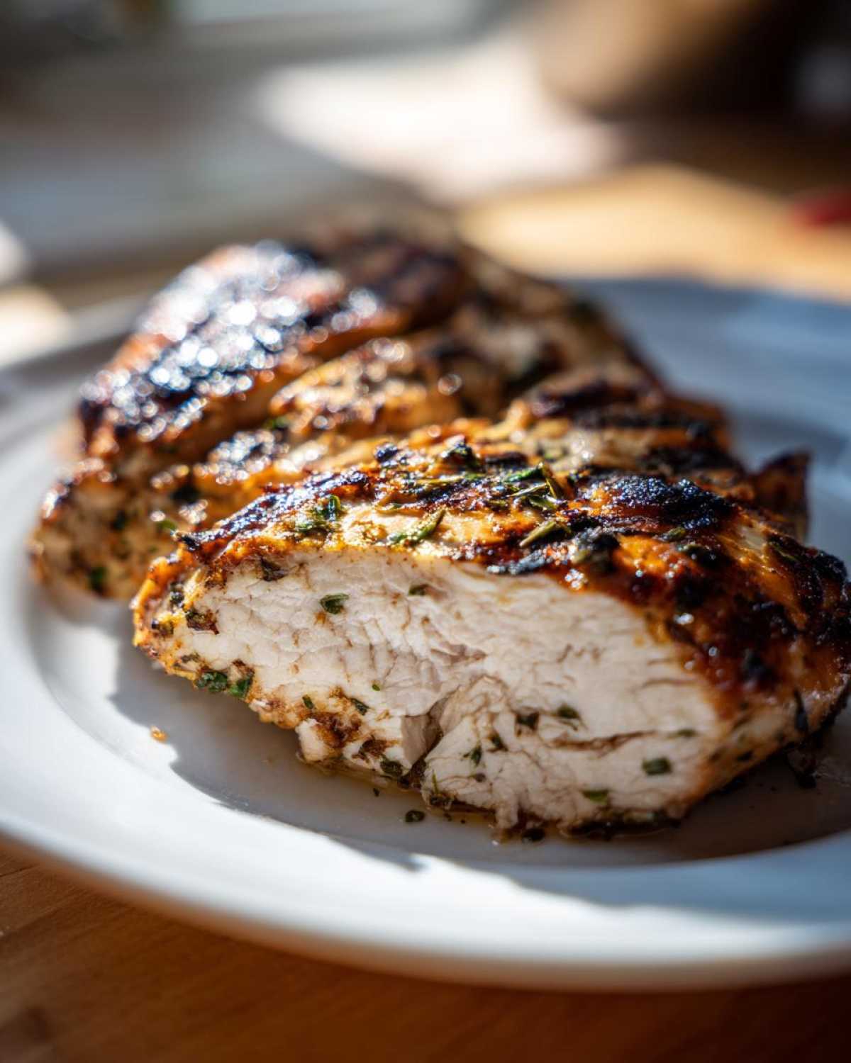 Close-up of juicy Grilled Cuban Chicken, showing the perfectly cooked white interior and charred, herb-crusted exterior.
