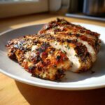 Close-up of perfectly cooked, sliced Grilled Cuban Chicken breast with visible char marks and herbs on a white plate.